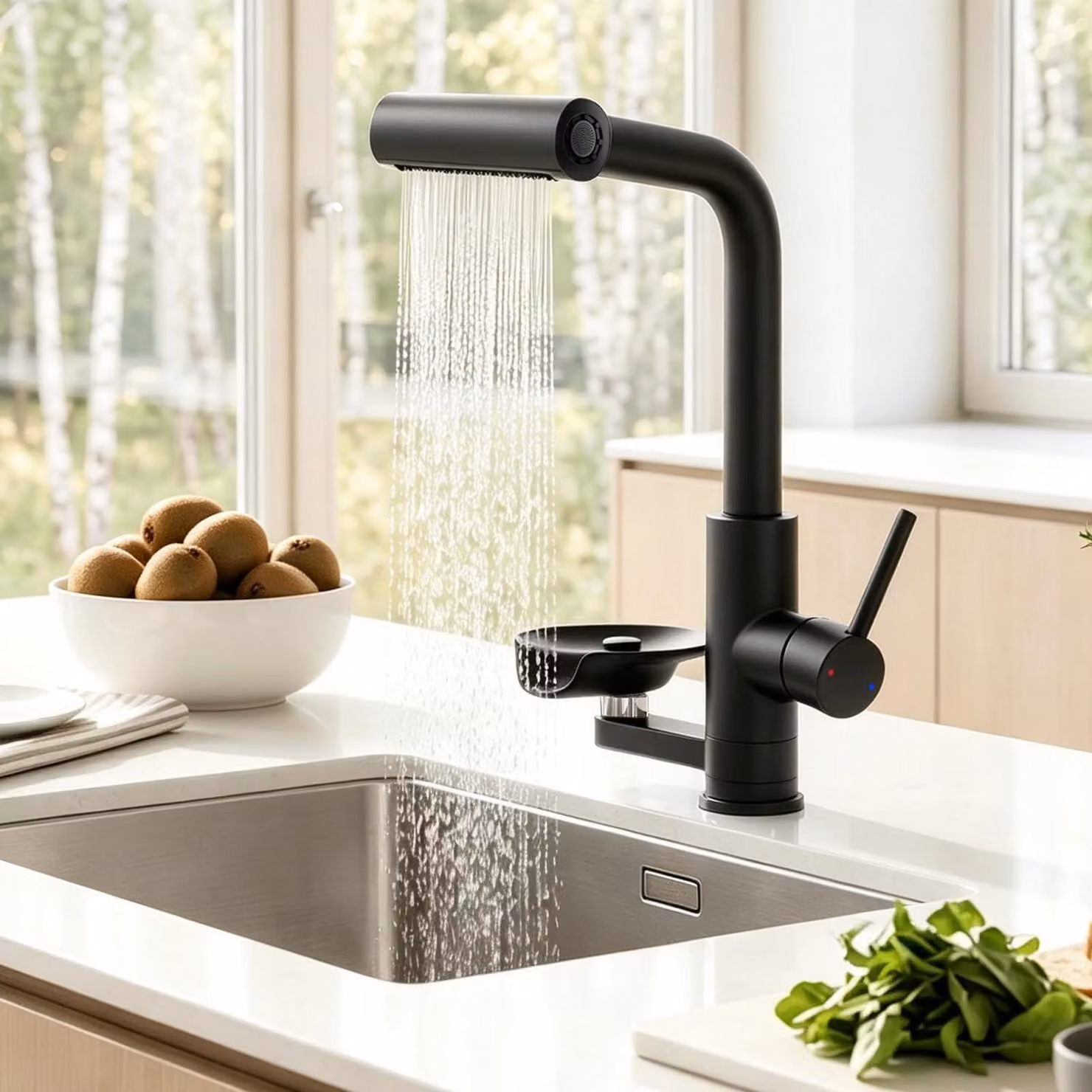 Miscelatore da cucina estraibile, nero, con effetto cascata e dispenser per bicchieri, rotazione a 360°
