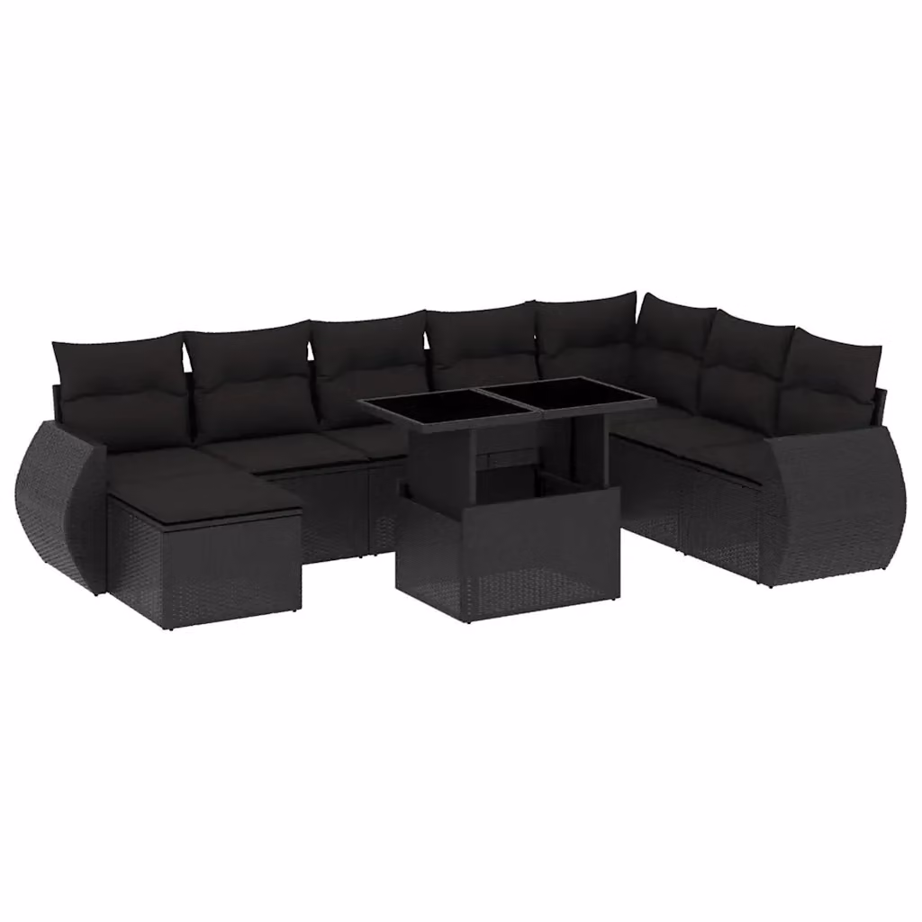 vidaXL Set Divani da Giardino 9 pz Moderno in Polyrattan Nero con Cuscini e Tavolino da Esterno – 2