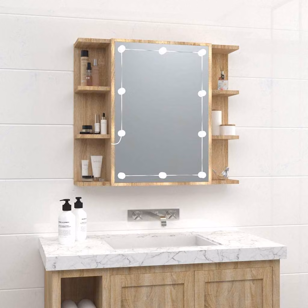 Armadietto da bagno con specchio e illuminazione LED vidaXL in Rovere Sonoma, L: 70 cm, P: 16,5 cm, H: 60 cm