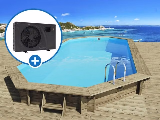 Piscina in legno Ibiza Habitat et Jardin blu e marrone con pompa di calore 6,1 kW L: 8,57 m, P: 4,57 m, H: 1,31 m