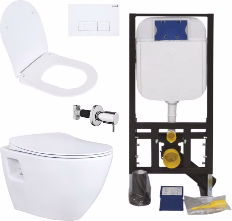 Set WC sospeso Creavit bianco senza brida con bidet in acciaio inossidabile, sedile WC con chiusura ammortizzata e gruppo idraulico da 3/6 L da incasso a parete – Set completo
