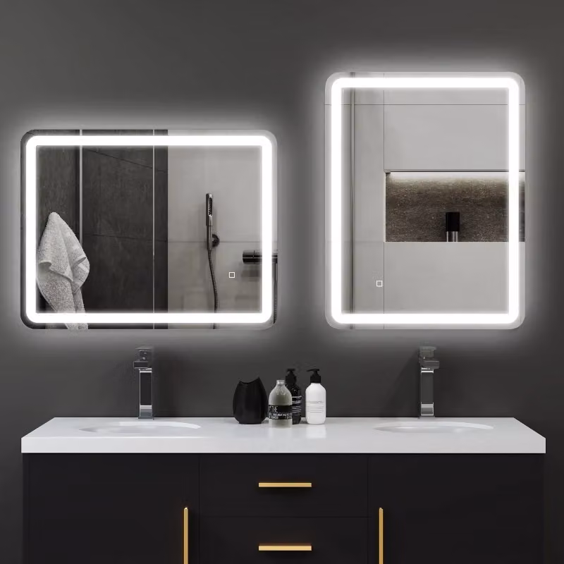 Specchio da bagno WISHDOR moderno con LED, touch screen e funzione antiappannamento, dimmerabile, argento, L: 70 cm, H: 90 cm – 2