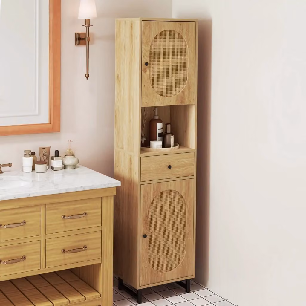 Armadio da bagno e soggiorno Design In in rattan e metallo beige con ante soft-close e ripiani regolabili, H: 170 cm, L: 40 cm, P: 30 cm – 2