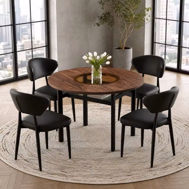Set tavolo da pranzo rotondo 100 cm in legno marrone, 4 sedie in PU, cucina –