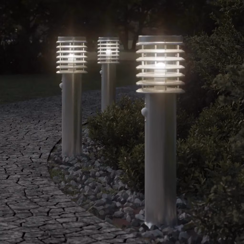 Set di 3 lampade da terra per esterni con sensore di movimento in acciaio inox argento con base a piedistallo e attacco E27 – 2