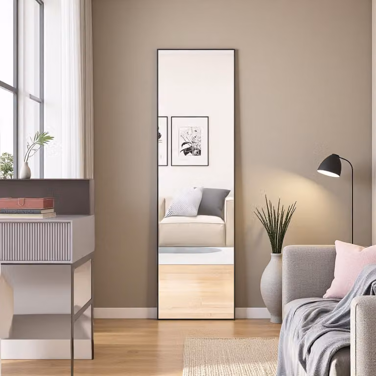 Specchio rettangolare per il trucco in vetro temperato, cornice in alluminio nero, 1400x400 mm, elegante design moderno per camera da letto o bagno
