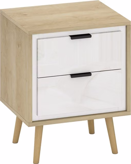 Comodino HOMCOM con 2 cassetti silenziosi e piedi in legno massiccio, Bianco lucido, L 40 cm x P 35 cm x H 50 cm