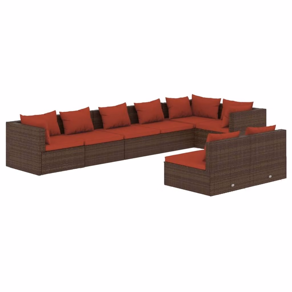 Set Divani da Giardino 8 pz con Cuscini in Polyrattan Marrone