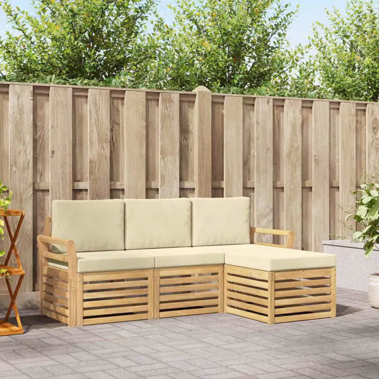 vidaXL Set di divani da esterno a L in legno di acacia con pouf e cuscini, Bianco e Beige