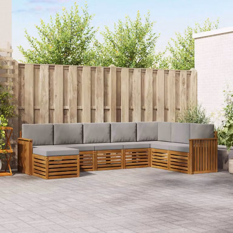 Set di divani da esterno vidaXL a forma di L composto da 8 pezzi in legno di acacia con cuscini in tessuto beige e grigio