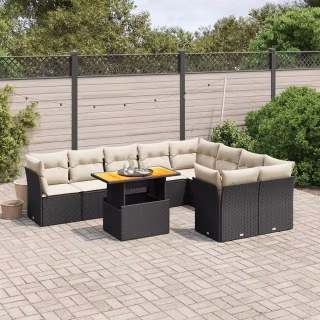 Set Divani da Giardino 10pz con Cuscini in Polyrattan Nero 3271007