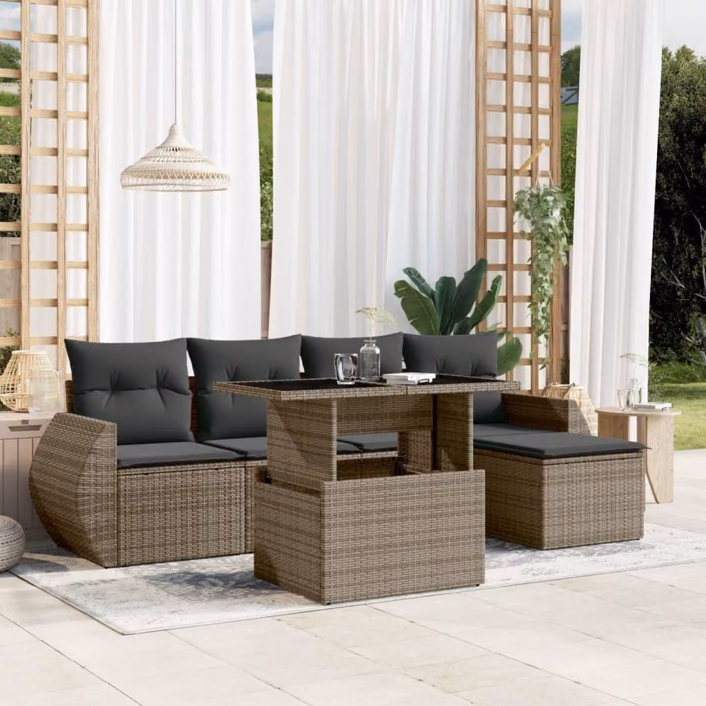 Set Divano da Giardino vidaXL 6 pz in Polyrattan Grigio con Cuscini e Tavolino – 1