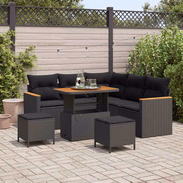 Set Divano da Giardino vidaXL a Forma di L con 8 Pezzi, Nero, con Cuscini e Tavolino, Struttura in Metallo e Rattan