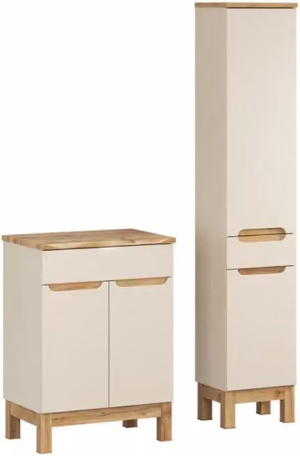 Set da bagno ERMANO cachemire e finitura quercia 95cm: mobile sotto lavabo + piano per lavabo bisellato + colonna