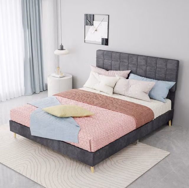 Letto matrimoniale 140x200 cm grigio in velluto con testiera imbottita a quadri