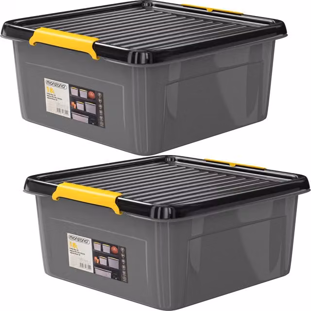 Set da 2 scatole contenitore impilabili Monzana in plastica con coperchio, grigio/antracite/giallo, L/P/H: 39 x 39 x 16 cm