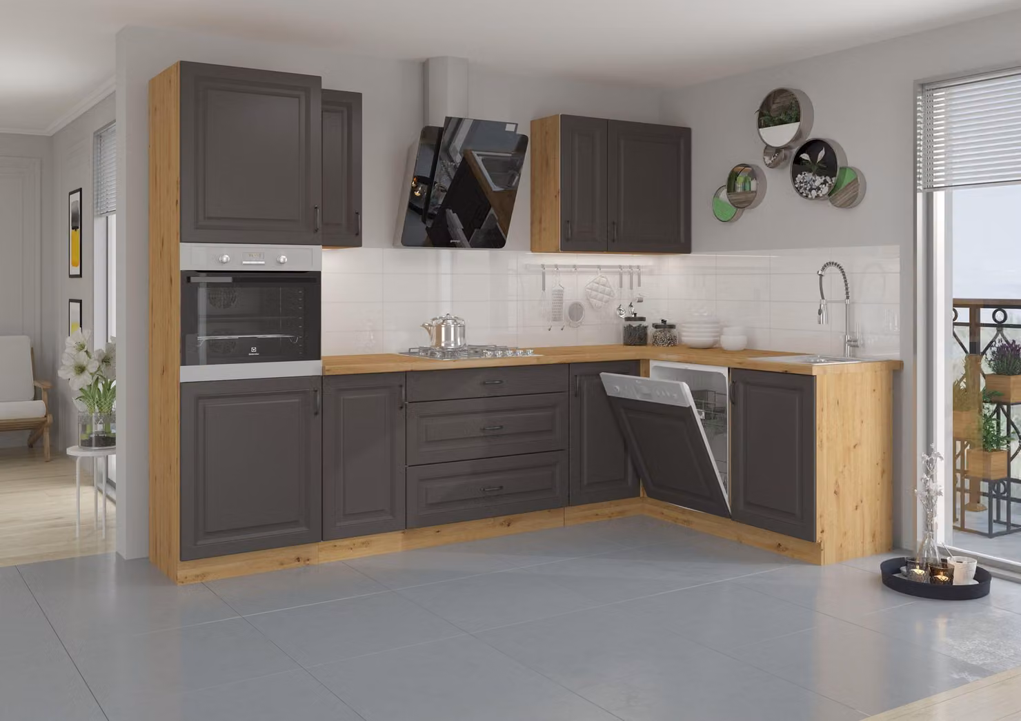 Cucina Stilo Grigio + Rovere Artisan, cucina a incasso, cucina ad angolo