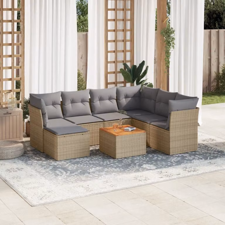 vidaXL Set Divano da Giardino 8 pz a L in Polyrattan con Cuscini Beige e Tavolino da Esterno