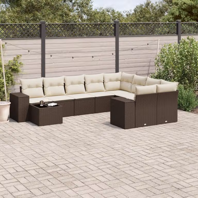 Set di Divani da Giardino vidaXL 10 Pezzi con Cuscini e Tavolino, Polyrattan Marrone e Bianco con Struttura in Acciaio Verniciato a Polvere