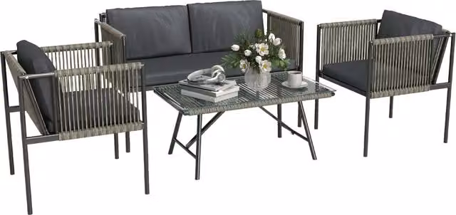 Mobili da giardino a 4 pezzi: Divanooo + 2 poltrone + tavolo di vetro; cuscini; struttura in acciaio; rattan di plastica; grigio