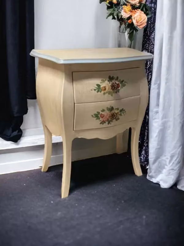 Comodino in legno shabby chic Mobili 2G avorio con decori floreali azzurri L/P/H: 50 x 30 x 60 cm