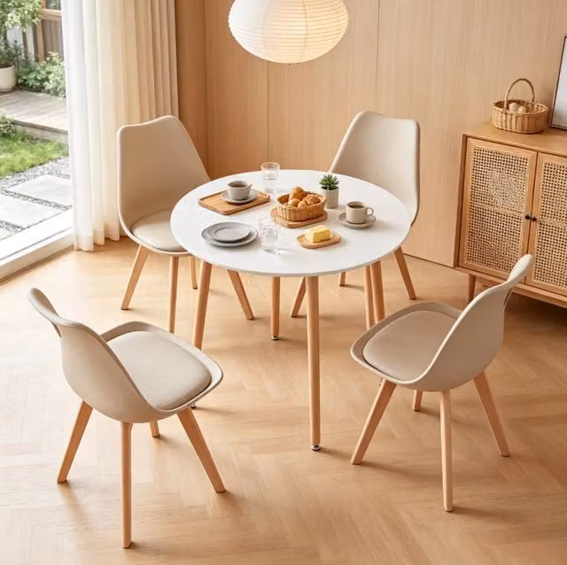 Set da Pranzo Moderno con Tavolo Rotondo 80x80 cm e 4 Sedie in Legno e Plastica