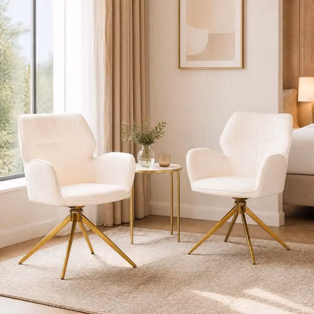 Set di 2 Sedie Girevoli per Sala da Pranzo con Gambe in Metallo e Rivestimento in Tessuto Vellutato Crema
