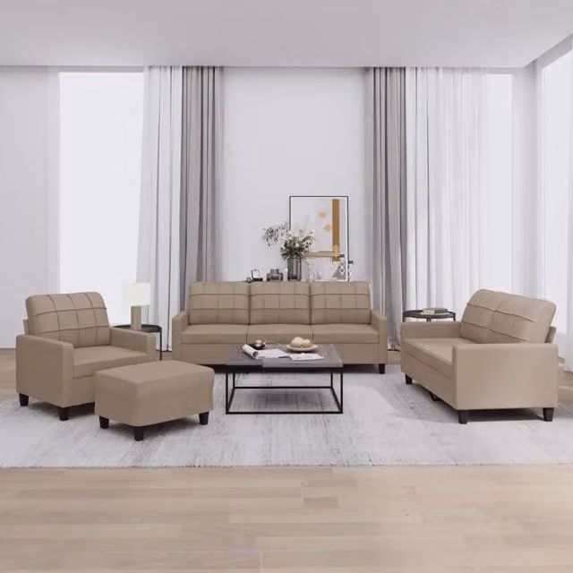 Set di divani 4 pezzi vidaXL in similpelle beige con cuscini e pouf per soggiorno in stile moderno