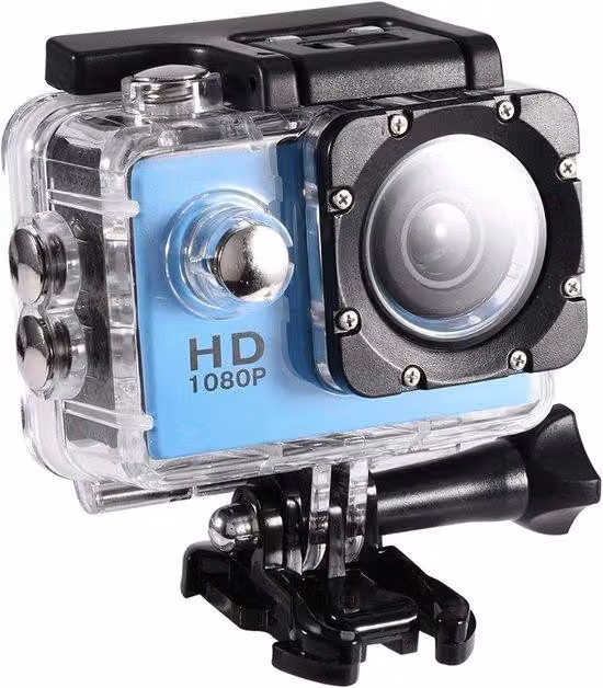 Telecamera d'azione sportiva, telecamera subacquea per immersioni fino a 30 metri, angolo di visione della telecamera di 90 gradi, inclusi accessori di montaggio (blu)