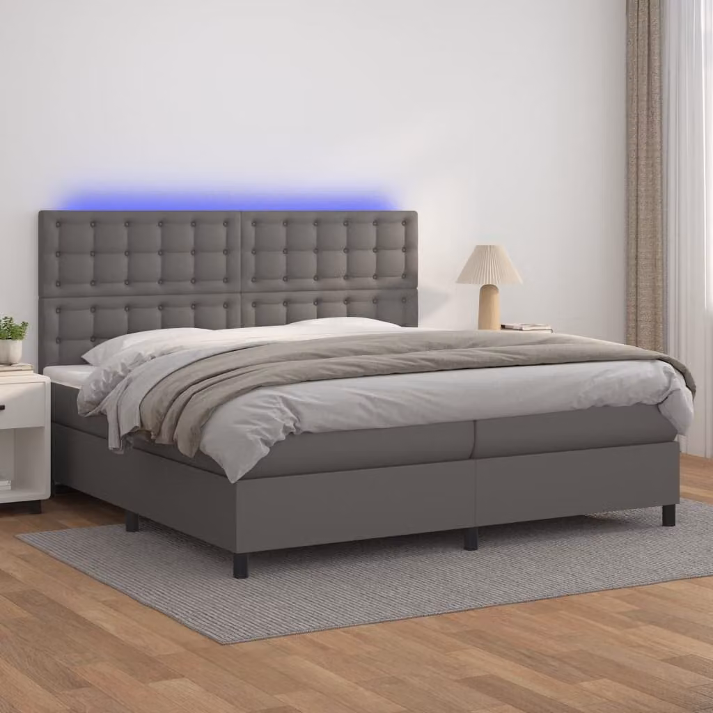 vidaXL Letto con Giroletto a Molle, Materasso Ibrido e Illuminazione LED, Grigio, L/P: 200 x 200 cm – 1