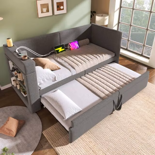 Letto divano singolo estraibile OKWISH grigio con porte USB, Type-C e ripiani laterali, L/P: 90 x 200 cm