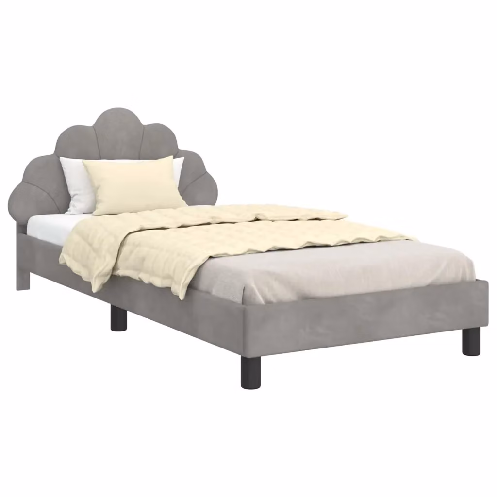 Struttura letto per bambini con testata e giroletto in tessuto velvet Grigio, L/P/H: 90 x 200 x 81 cm – 2