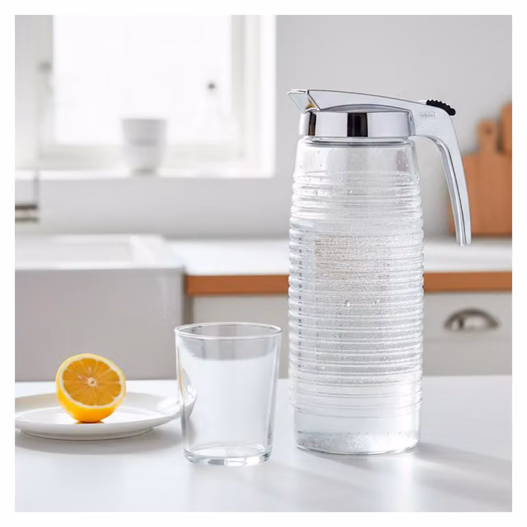 Caraffa in vetro Valira da 1,4 l cromata - Caraffa in vetro resistente con coperchio cromato - Valira