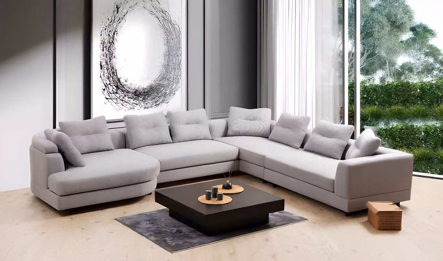 U-Form Wohnzimmer Ecksofa L-Form Modern Design Stil Textil Material Weiß