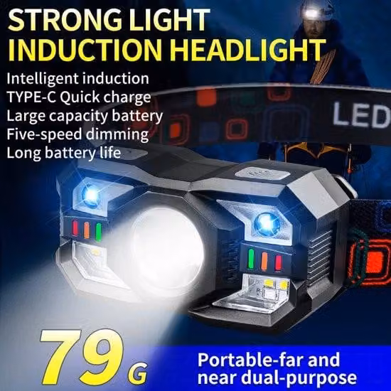 Lampada frontale a LED, fluorescente, colorata, ricaricabile tramite USB, per la corsa notturna all'aperto, lampada frontale da lavoro