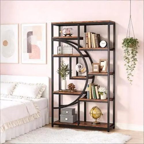 Libreria geometrica REDOM con 9 ripiani aperti in metallo nero e legno marrone rustico stile industrial – 2
