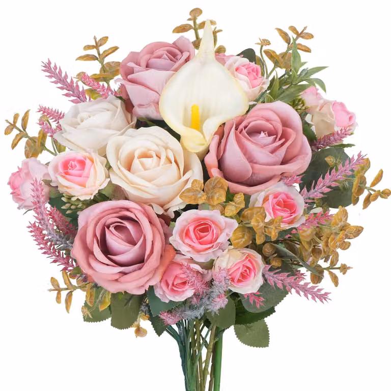 Composizione floreale con rose ed eucalipto