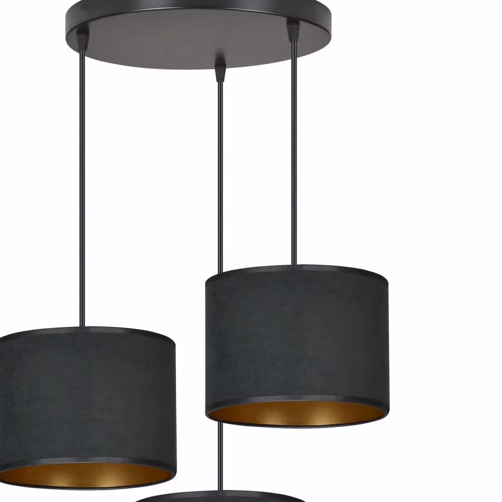 Lampadario Sospeso Moderno Luceart-Classic Vinayaka con 3 Luci, Struttura in Metallo Nero e Oro con Paralumi in Tessuto Nero, Altezza Regolabile – 2