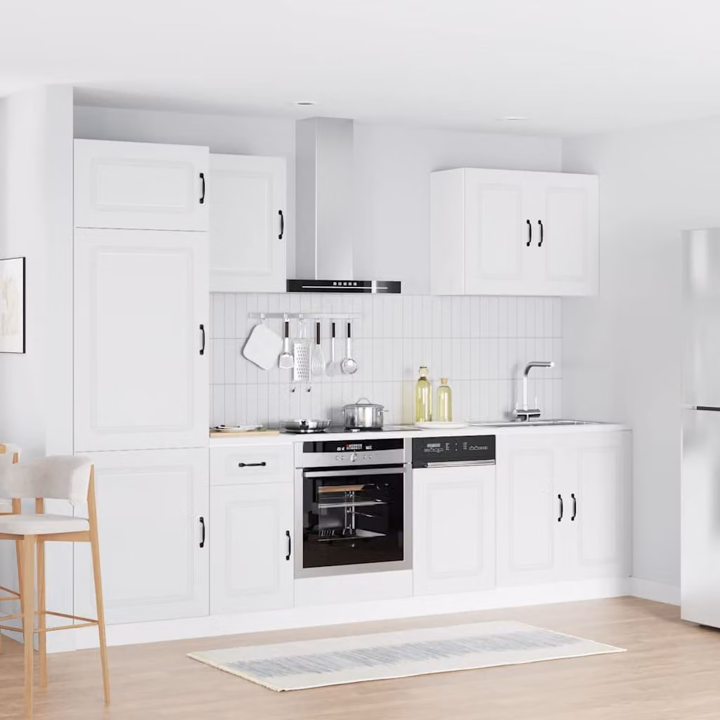 Set di mobili da cucina vidaXL Kalmar composto da 7 pezzi in legno multistrato bianco con ante a cerniera e cassetti, design moderno e lineare, L/P/H: 207 x 60 x 57 cm
