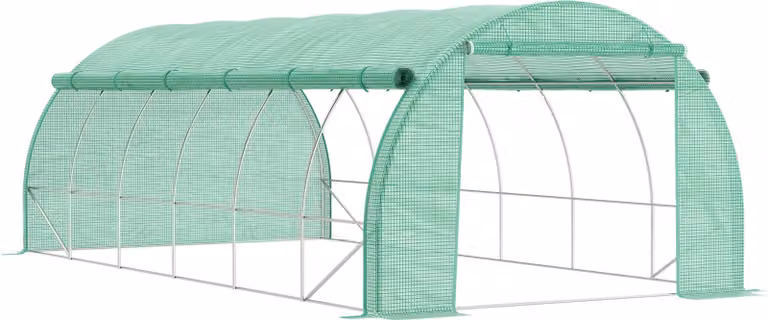Serra a tunnel Moonbite, dimensioni 6x3x2 metri, con accesso interno, dotata di 12 finestre e una porta con cerniera, rivestimento in polietilene resistente ai raggi UV, struttura in acciaio zincato, colore verde