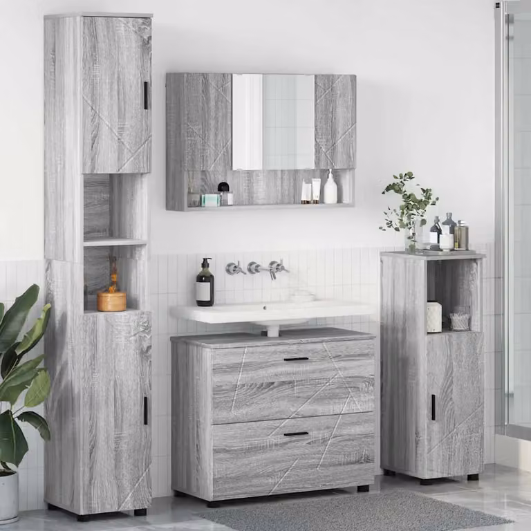Set di mobili per il bagno vidaXL 4 pezzi Grigio con armadietto specchio e colonna, L/P/H: 35 x 30 x 192 cm