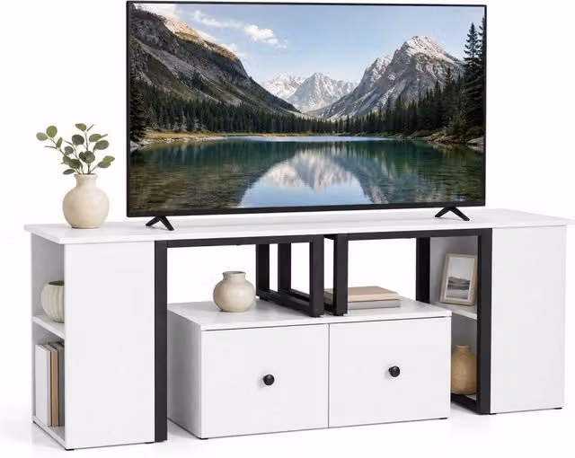 Mobile porta TV angolare bianco moderno con 2 cassetti e 4 scomparti aperti per soggiorno e camera da letto, supporto estensibile per TV fino a 60 pollici, L: 140 cm, P: 30 cm, H: 50 cm