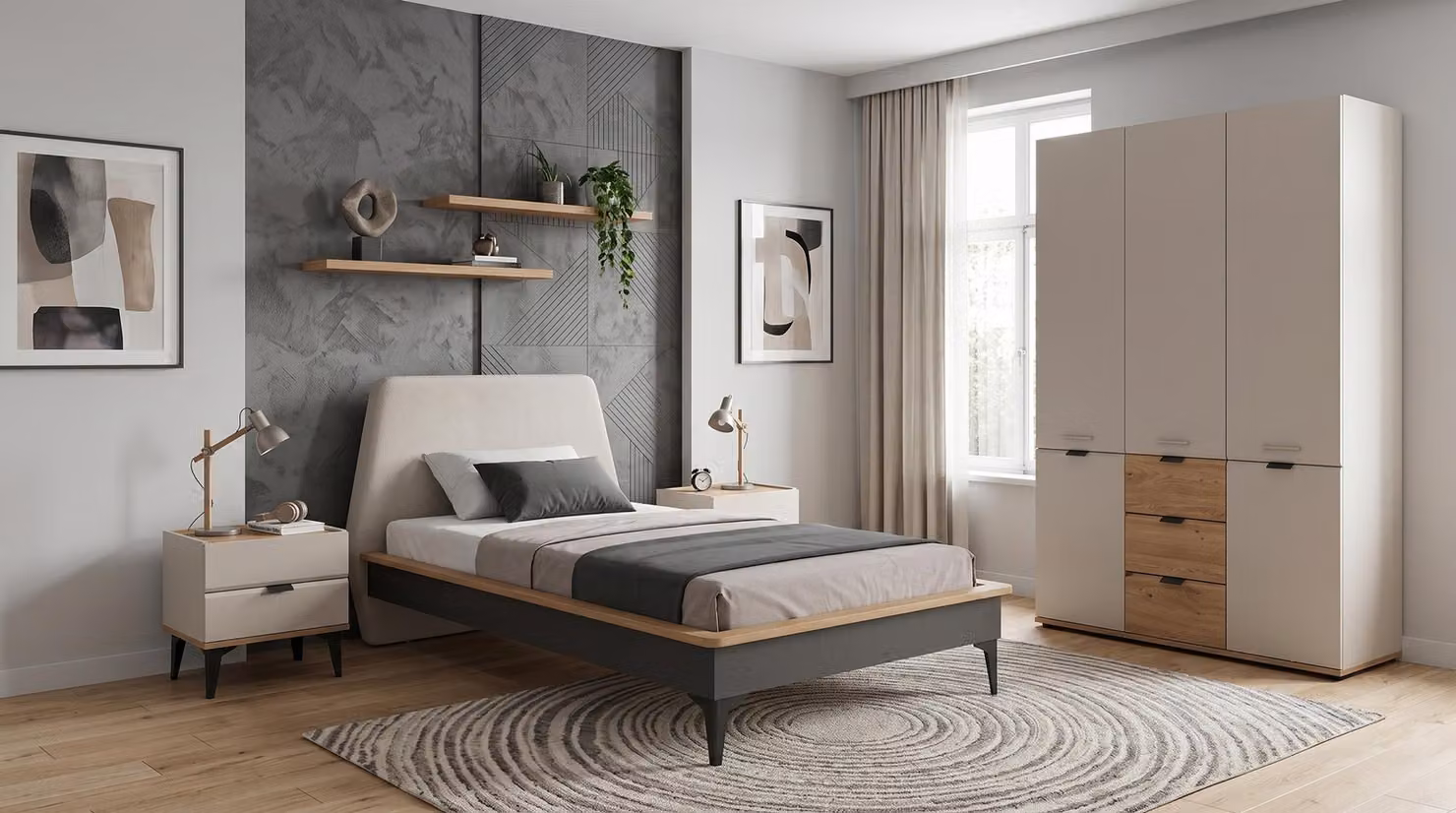 Letto, armadio e comodini moderni in beige, ideali per una camera da letto giovanile