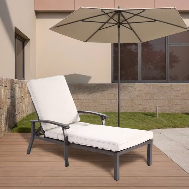 Sedia a sdraio da giardino con cuscino in cotone, regolabile, reclinabile, in alluminio antiruggine, per bordo piscina, con cuscino beige