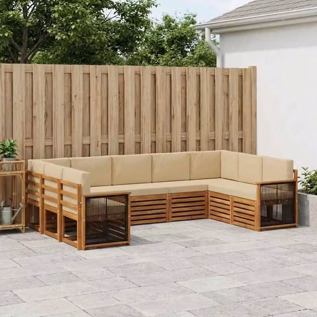 Set di divani da esterno a L vidaXL in legno di acacia con cuscini beige, 7 pezzi – 1