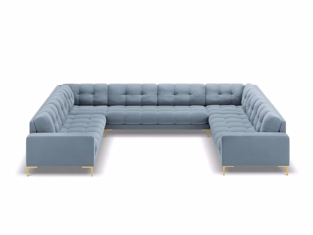 Divano panoramico Bali da 9 posti Cosmopolitan Design in velluto azzurro e oro con struttura in metallo – 2