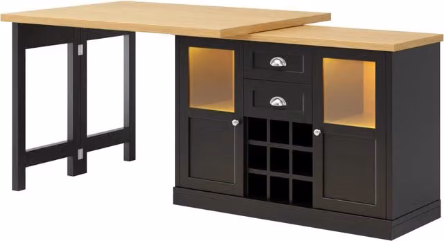 Tavolo Estendibile con Illuminazione LED a 3 Colori, 120-197 cm, Rotazione 360°, con Contenitori e Portabottiglie, Bianco/Nero, Capacità 60 kg
