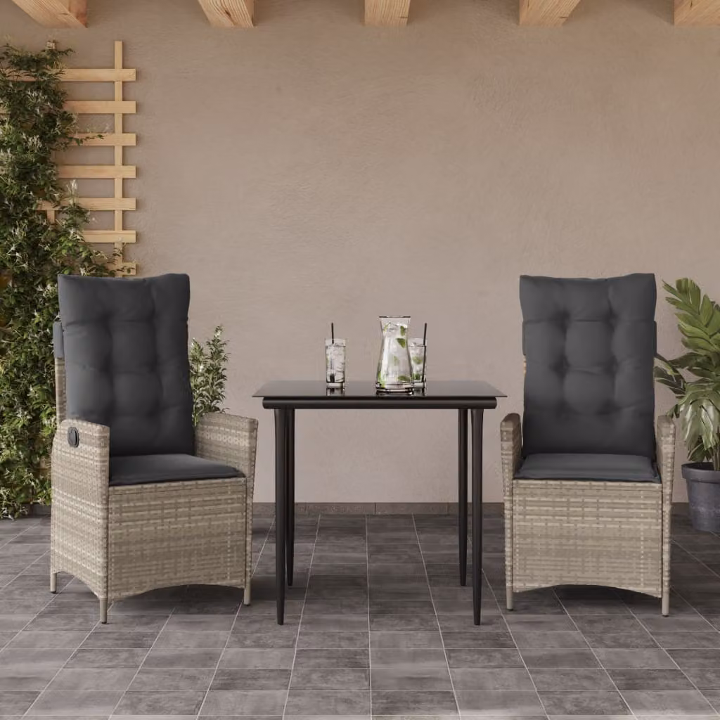 Set Pranzo da Giardino vidaXL in Polyrattan con Cuscini e Tavolo in Vetro, 3 Pezzi, Grigio Antracite – 1