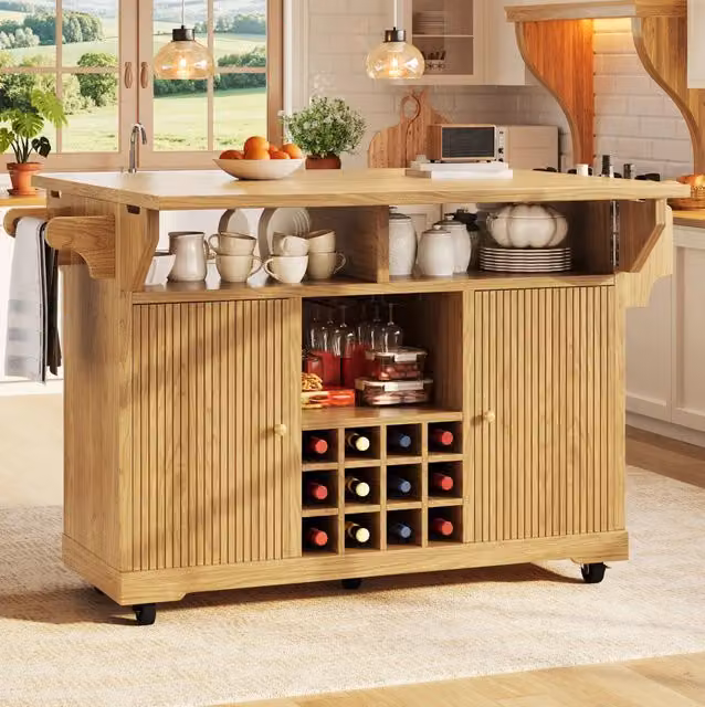 Carrello da cucina ULEVR 142,5x80x95 cm con ripiani regolabili, portabottiglie estraibile e piani ribaltabili