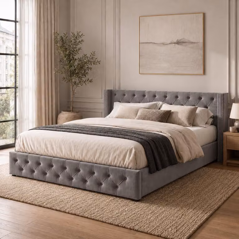 Letto imbottito Flieks 160x200cm con rete a doghe, letto a molle idrauliche con rete e contenitore, letto matrimoniale in velluto con contenitore letto funzionale, grigio